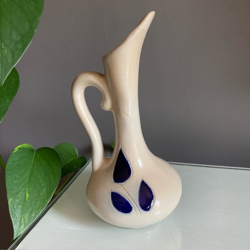 Vintage Cream Pottery Vase with Blue Accents